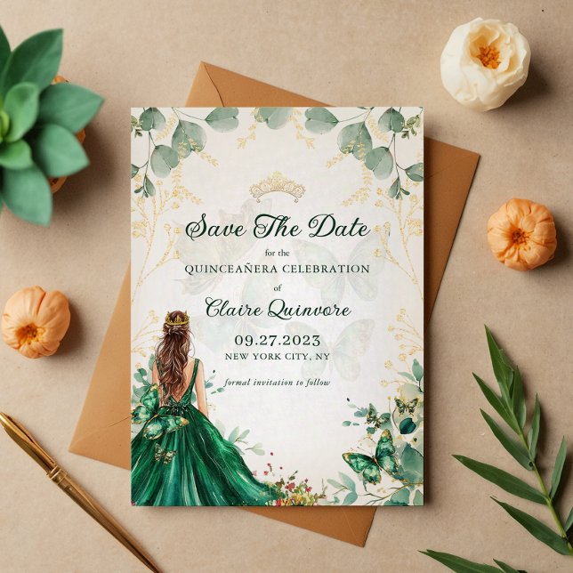 Emerald Green Gold Quinceanera Save The Date Announcement (Creator Uploaded)