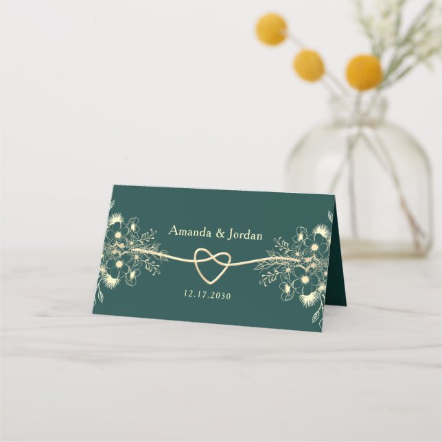 Emerald Green Gold Rope Heart Wedding Place Card (Back)