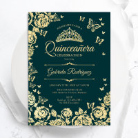 Emerald Green Gold Roses Butterflies Quinceanera
