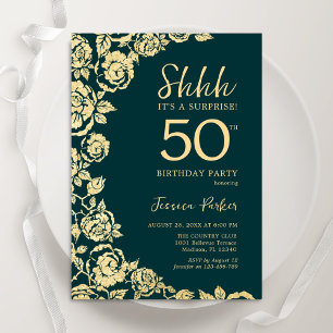 Emerald Green Gold Roses Surprise 50th Birthday Invitation