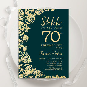 Emerald Green Gold Roses Surprise 70th Birthday Invitation