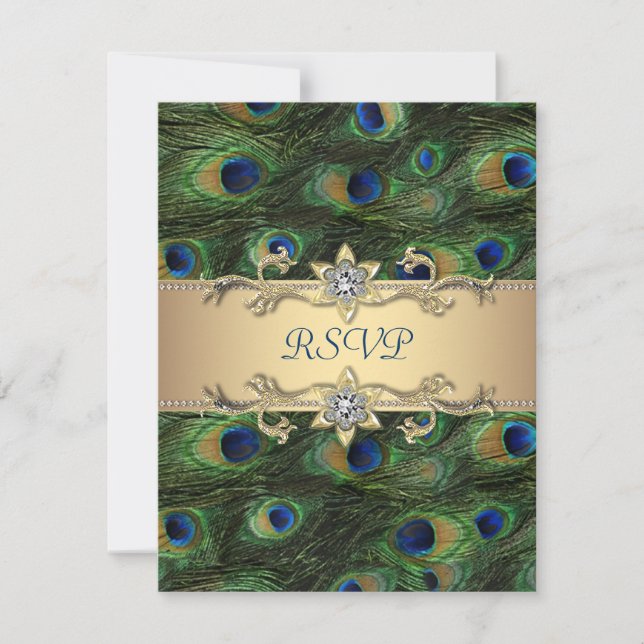 Emerald Green Gold Royal Indian Peacock Wedding RSVP Card (Front)