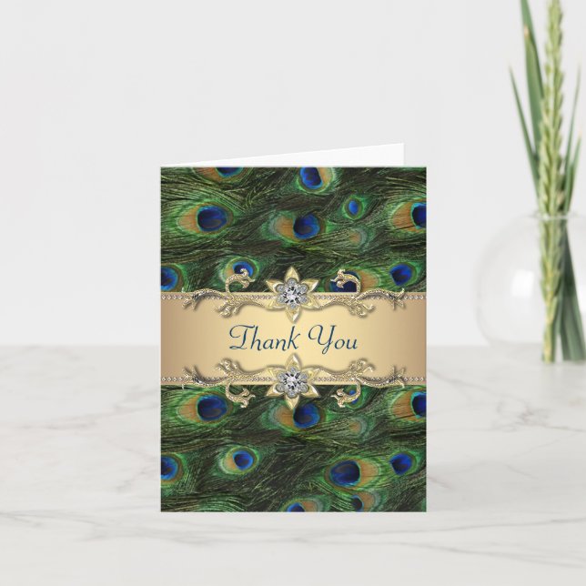 Emerald Green Gold Royal Indian Peacock Wedding Thank You Card (Front)