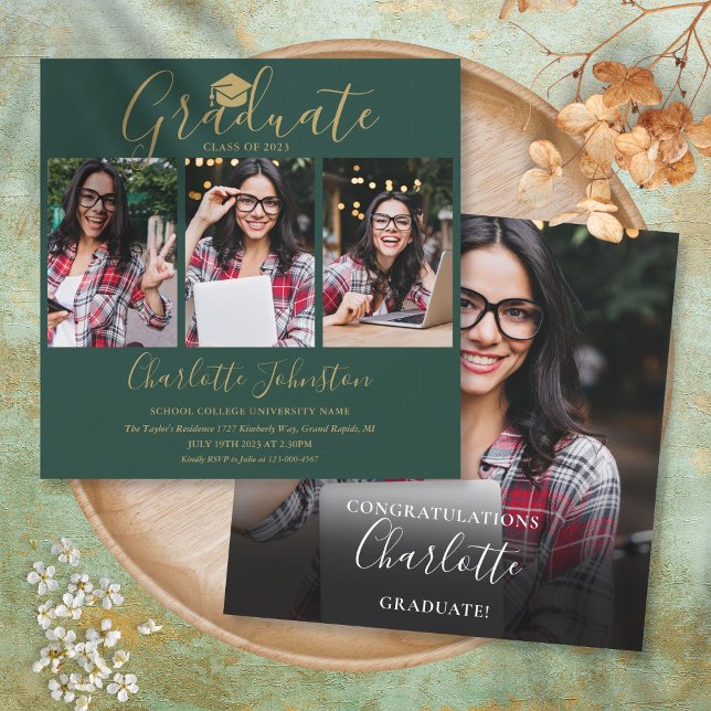 Emerald Green Gold Script 4 Photo Graduation Party Invitation (Creator Uploaded)