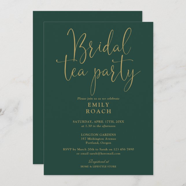 Emerald Green Gold Script Bridal Tea Party Shower Invitation (Front/Back)