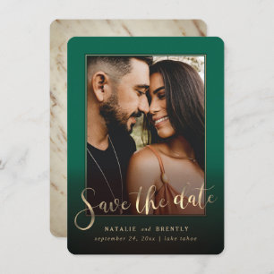 Emerald Green Gold Script & Marble Photo Overlay Save The Date