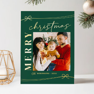Emerald Green Gold Script Merry Christmas Photo Foil Holiday Card