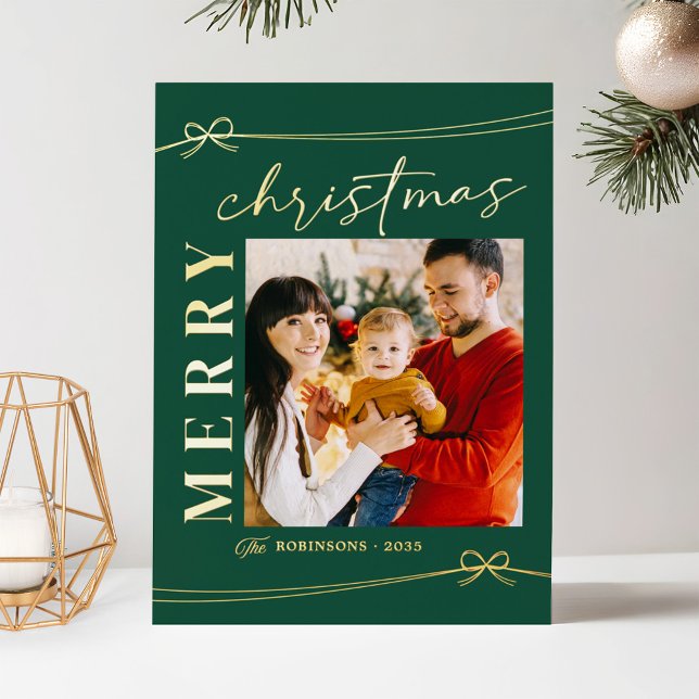 Emerald Green Gold Script Merry Christmas Photo Foil Holiday Card (Creator Uploaded)