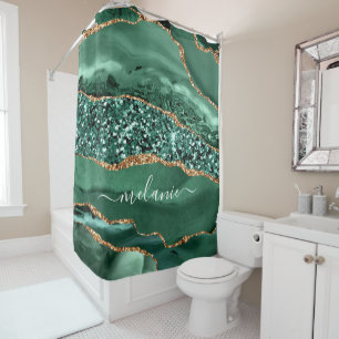 Emerald Green Gold Shower Curtain with Custom Name