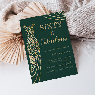 Emerald Green & Gold Sixty & Fab 60th Birthday Invitation