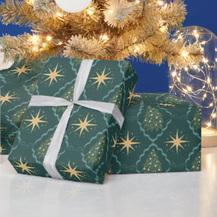 Emerald green gold stars Christmas ornaments Wrapping Paper