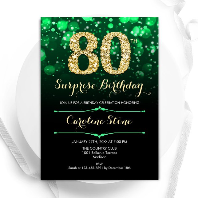 Emerald Green Gold Surprise 80th Birthday Invitation (Creator Uploaded)