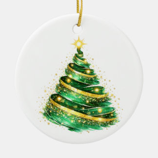 Emerald Green Gold Swirl Christmas Tree Ceramic Ornament