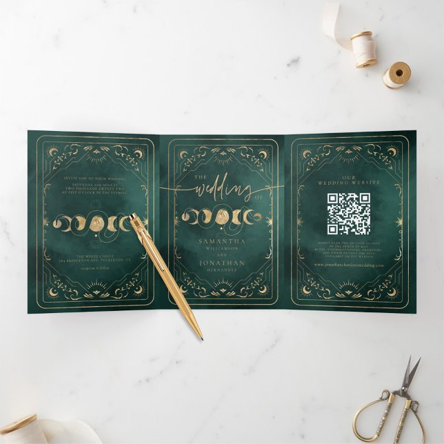 Emerald Green & Gold Tarot Celestial Wedding Tri-Fold Invitation (Creator Uploaded)