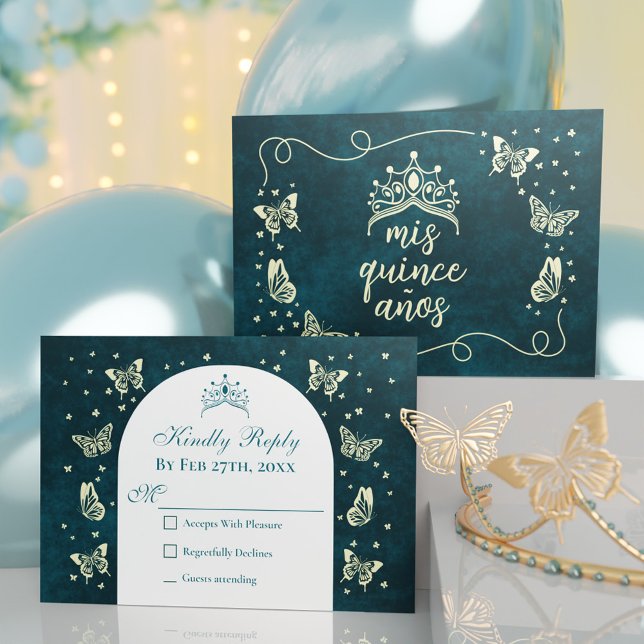 Emerald Green Gold Tiara Butterflies Quinceañera RSVP Card (Emerald Green Gold Tiara Butterflies Quinceañera RSVP Card)