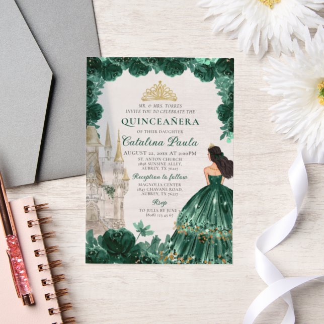 Emerald Green Gold Tiara Princess Quinceañera Vellum Invitations (Wedding)