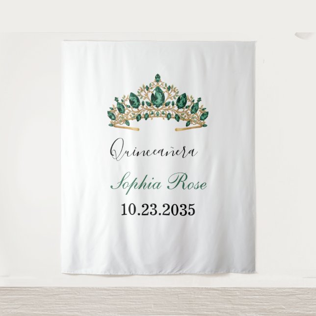 Emerald Green Gold Tiara Quinceañera Tapestry (Front)
