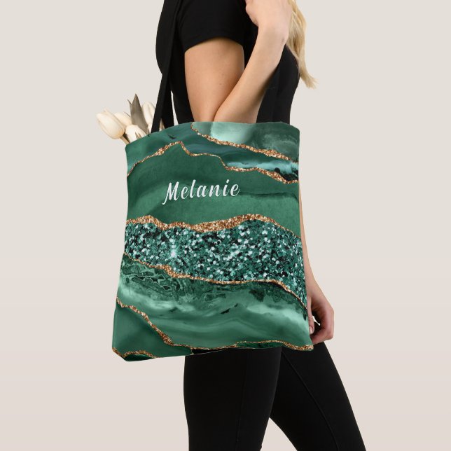 Emerald Green Gold Tote Bag Personalised Name (Close Up)
