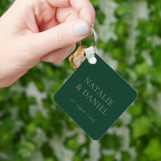 Emerald Green & Gold Typography Glamour Wedding Key Ring (Hand)