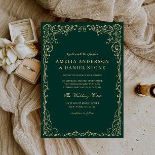 Emerald Green Gold Victorian Elegant Wedding Invitation