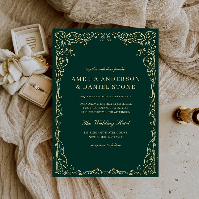 Emerald Green Gold Victorian Elegant Wedding Invitation (Creator Uploaded)