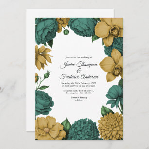 Emerald Green & Gold Watercolor Floral Wedding Invitation
