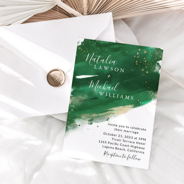 Emerald Green & Gold Watercolor Wedding Invitation (Creator Uploaded)