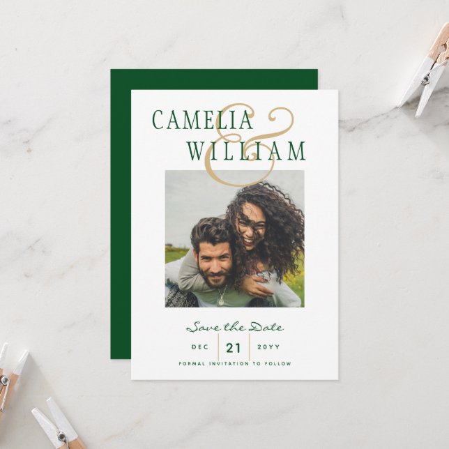 Emerald Green Gold Wedding PHOTO Save the Date Invitation (Front/Back In Situ)