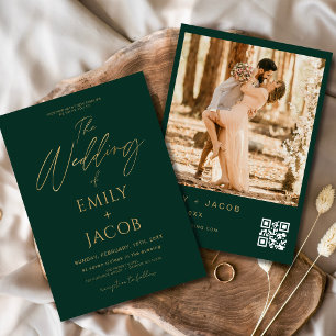 Emerald Green Gold Wedding QR Code Photo Script Invitation