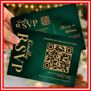 Emerald Green & Gold Wedding QR Code RSVP Card