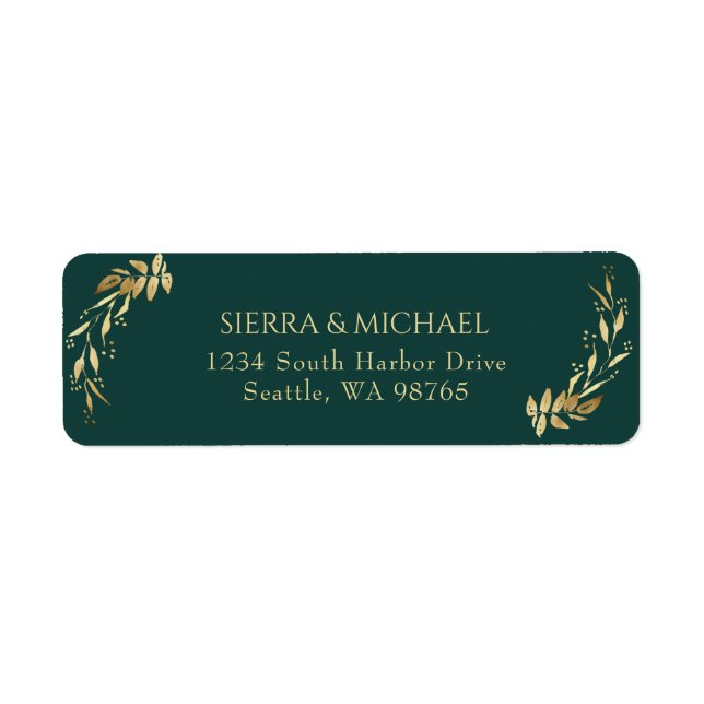 Emerald Green Gold Wedding Return Address Label (Front)