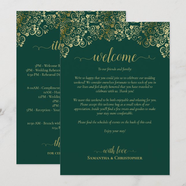 Emerald Green & Gold Wedding Welcome & Itinerary Program (Front/Back)