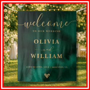 Emerald Green & Gold Wedding Welcome Sign Backdrop Tapestry