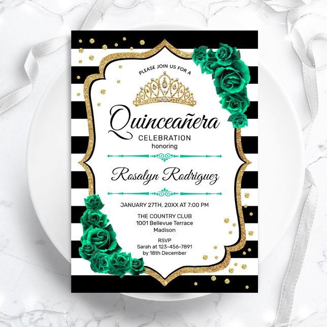 Emerald Green Gold White Quinceanera Invitation (Creator Uploaded)
