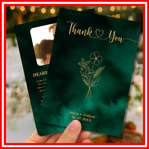 Emerald Green & Gold Wildflower Photo Wedding Thank You Card