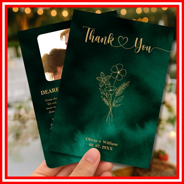 Emerald Green & Gold Wildflower Photo Wedding Thank You Card (Creator Uploaded)