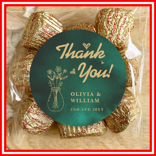Emerald Green & Gold Wildflower Wedding Thank You Classic Round Sticker