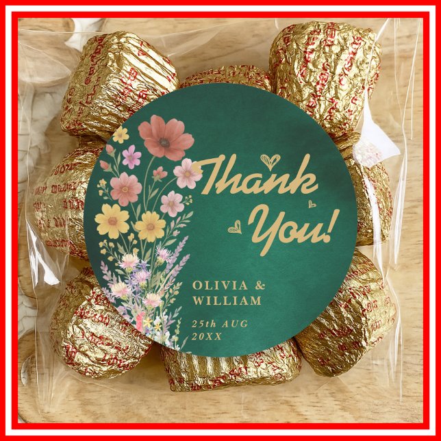 Emerald Green & Gold Wildflower Wedding Thank You Classic Round Sticker (Creator Uploaded)