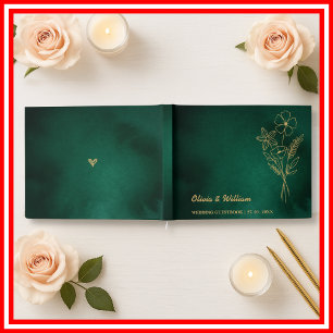 Emerald Green & Gold Wildflowers Wedding Guest Book
