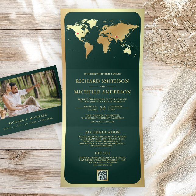Emerald Green Gold World Map QR Code Photo Wedding Tri-Fold Invitation (Creator Uploaded)