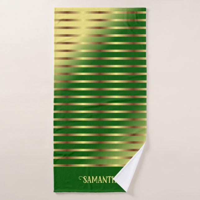 Emerald Green Golden Stripes Name Geometric Bath Towel Set (Bath Towel)