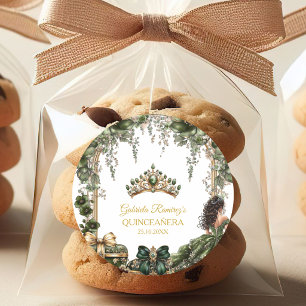 Emerald Green Golden Tiara Floral Quinceañera Classic Round Sticker