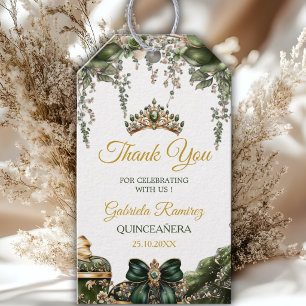 Emerald Green Golden Tiara Floral Quinceañera Gift Tags