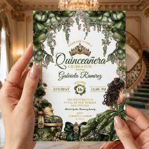 Emerald Green Golden Tiara Floral Quinceañera Invitation
