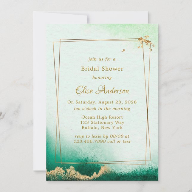 Emerald Green Golden Watercolor Brunch & Bubbly Invitation (Front)