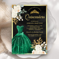 Emerald Green Gown Floral Black Gold Quinceanera