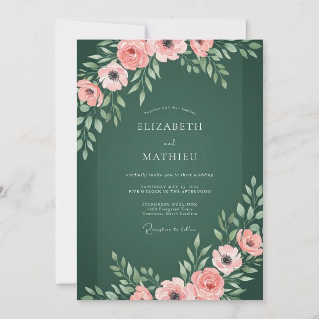 Emerald Green Graceful Botanical Wedding Invitation (Front)