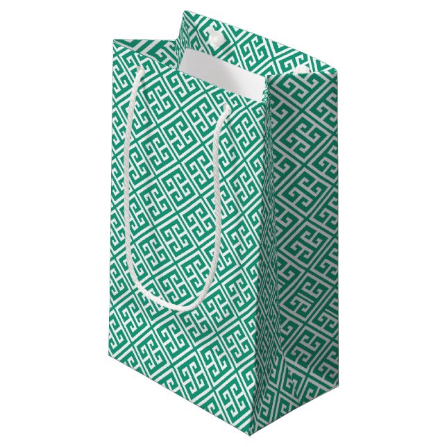 Emerald Green Greek Key Pattern Small Gift Bag (Front Angled)