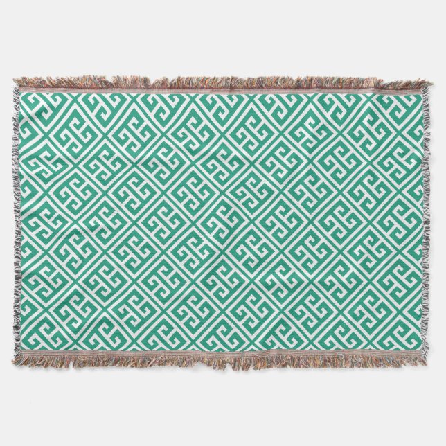 Emerald Green Greek Key Pattern Throw Blanket (Front)