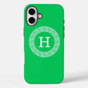 Emerald Green Greek Key Rnd Frame Initial Monogram iPhone 16 Plus Case